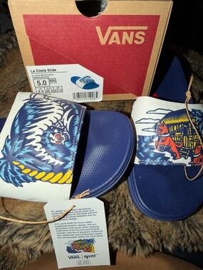 Boys size 5 Vans La Costa Slide - Navy & White Graphic Slides NWT